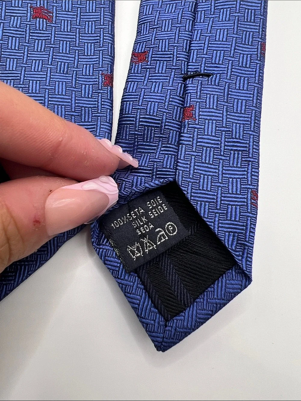 503. Men's Burberry Blue Patterned Tie with Red Accents